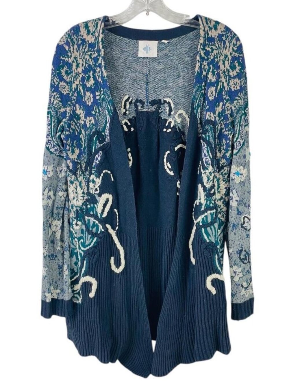 HWR Anthropologie Monogram Emma Embroidered Blue Floral Open Cardigan Sweater